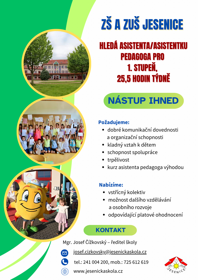 Inzerát asistent pedagoga 25,5 hodin týdně 11. 11. 2025